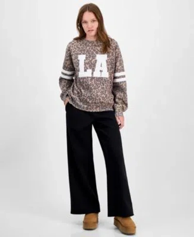 MADDEN GIRL JUNIORS LA PATCH LEOPARD PRINT SWEATSHIRT FLEECE WIDE LEG SWEATPANTS