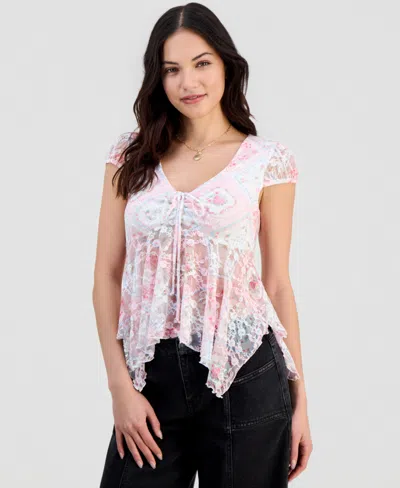 Madden Girl Juniors Lace Hanky-hem Top In Neutral