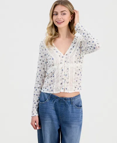 Madden Girl Juniors' Lace Long-sleeve Woven Top In White