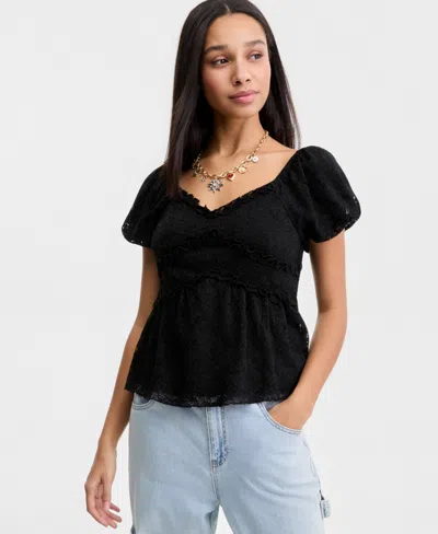 Madden Girl Juniors' Lace Puff-sleeve Babydoll Top In Black