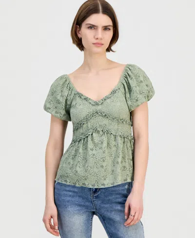 Madden Girl Juniors' Lace Puff-sleeve Babydoll Top In Green