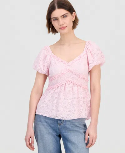 Madden Girl Juniors' Lace Puff-sleeve Babydoll Top In Pink
