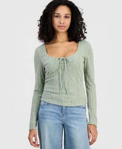 Madden Girl Juniors' Lace Textured Long-sleeve Top In Green