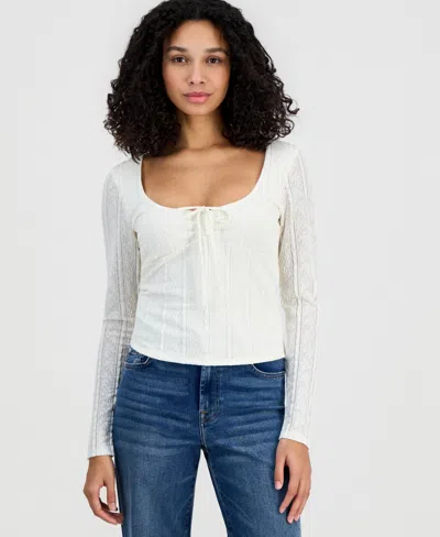 Madden Girl Juniors' Lace Textured Long-sleeve Top In White