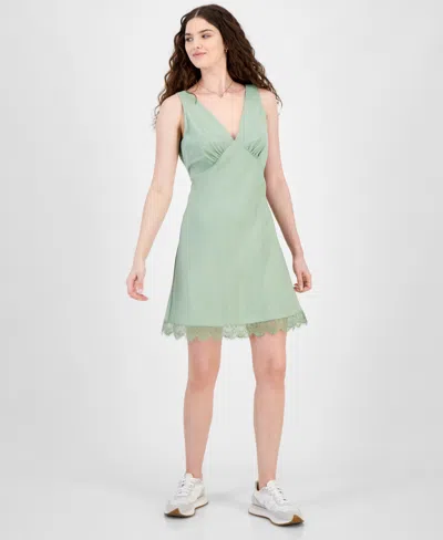 Madden Girl Juniors' Lace-trim Satin Slip Mini Dress In Fresh Sage