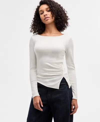 Madden Girl Juniors' Long-sleeve Asymmetrical Boat-neck Top In White