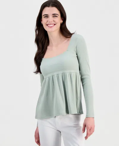 Madden Girl Juniors' Long Sleeve Ribbed Babydoll Top In Black