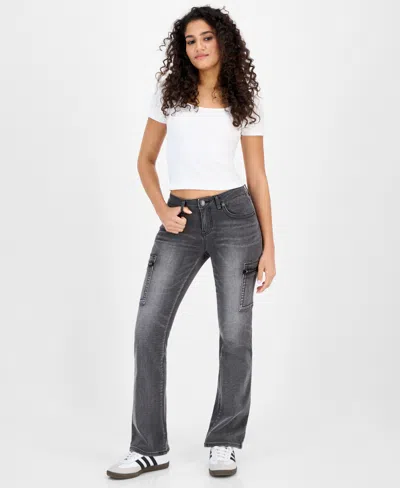 Madden Girl Juniors' Low Rise Cargo Bootcut Jeans In Black
