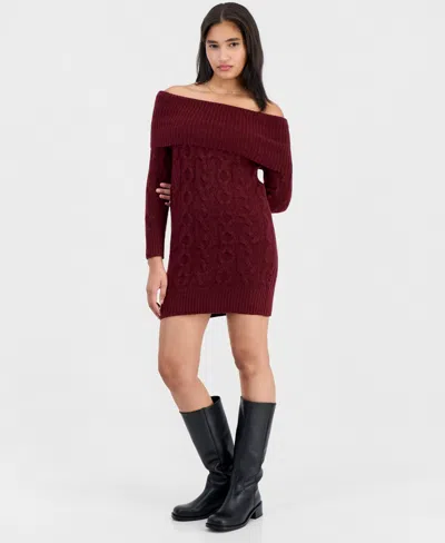 Madden Girl Juniors' Marilyn Cable-knit Off-the-shoulder Mini Sweater Dress In Burgundy