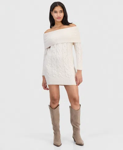 Madden Girl Juniors' Marilyn Cable-knit Off-the-shoulder Mini Sweater Dress In White