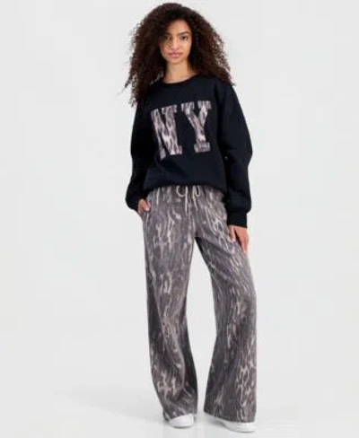 Madden Girl Juniors New York Crewneck Sweatshirt Leopard Print Wide Leg Sweatpants In Gold