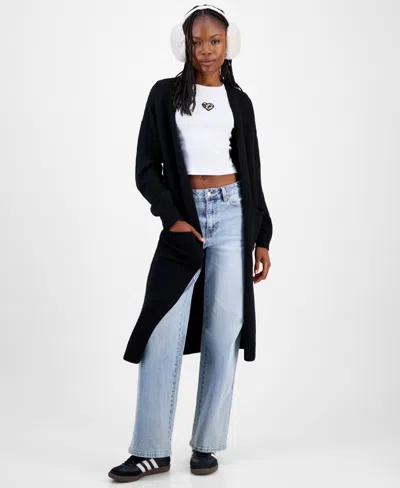 Madden Girl Juniors' Open-front Patch-pocket Duster Cardigan In Black
