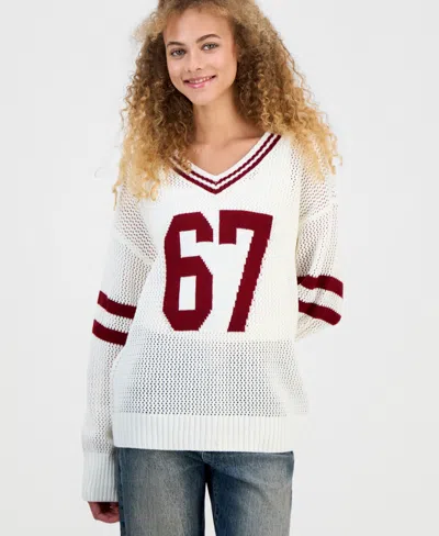 Madden Girl Juniors' Open-knit Varsity Sweater In White