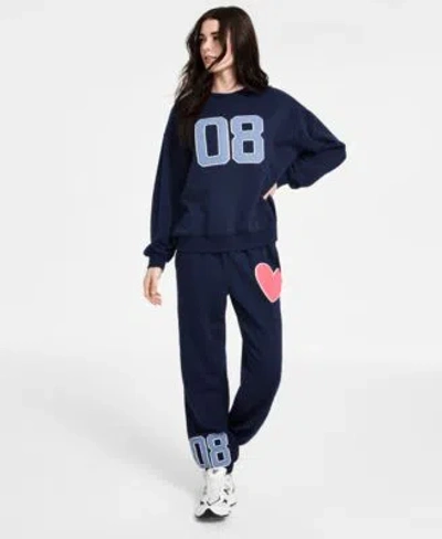 Madden Girl Juniors Patch Crewneck Fleece Sweatshirt Patchwork Fleece Jogger Sweatpants In Navy Blazer