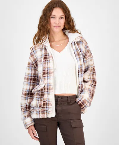 Madden Girl Juniors' Plaid Long-sleeve Sherpa Jacket In Multi