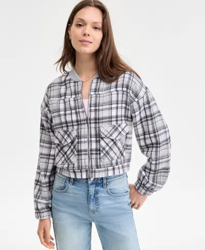 Madden Girl Juniors' Plaid-print Bomber Jacket In Black