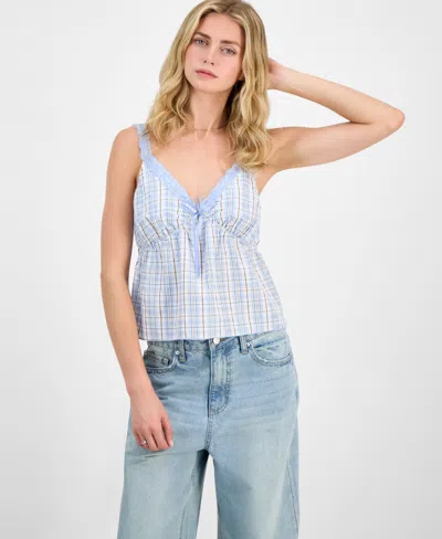 Madden Girl Juniors' Plaid Ribbon Babydoll Tank In Blue