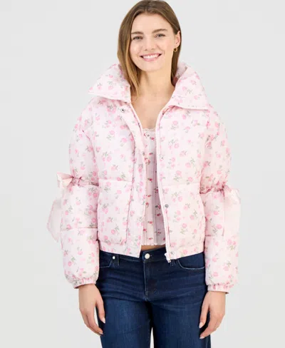Madden Girl Juniors' Printed Bow-trim Puffer Jacket In Pink