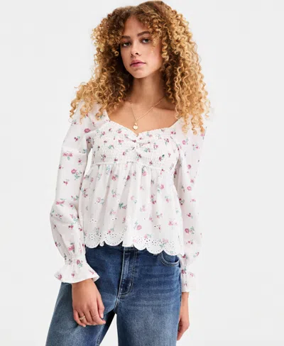 Madden Girl Juniors' Printed Cotton Long-sleeve Babydoll Top In White