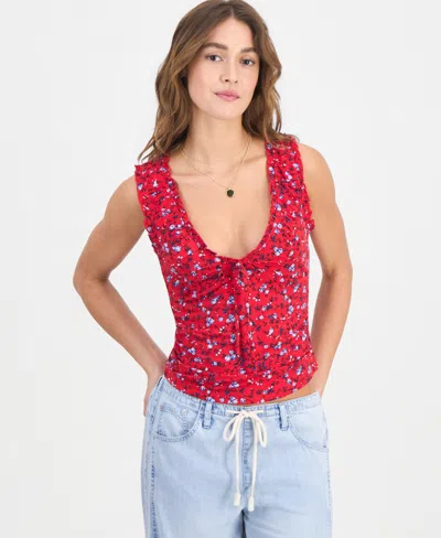 Madden Girl Juniors' Printed Ruched Sleeveless Top In Red