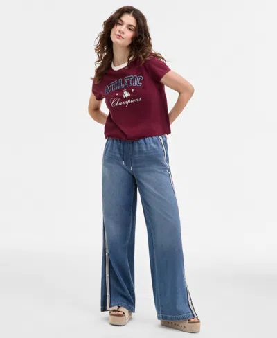 Madden Girl Juniors' Pull-on Side-snap Wide-leg Jeans In Blue