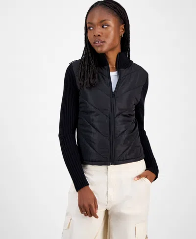 Madden Girl Juniors' Quilted-front Full-zip Cardigan In Black