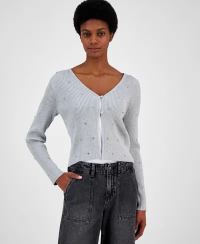 Madden Girl Juniors' Rhinestone Button-front Cardigan In Lt Heather Grey