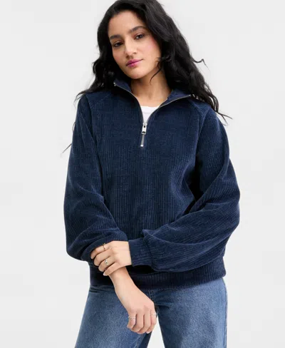 Madden Girl Juniors' Ribbed Knit Quarter-zip Sweatshirt In Multi