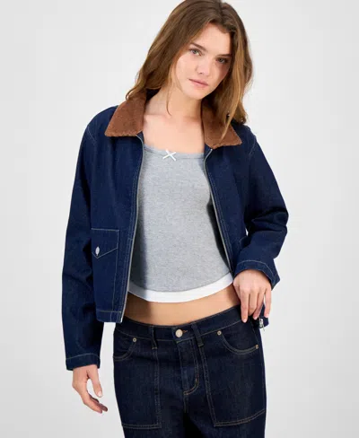 Madden Girl Juniors' Rinse Denim Barn Jacket In Blue