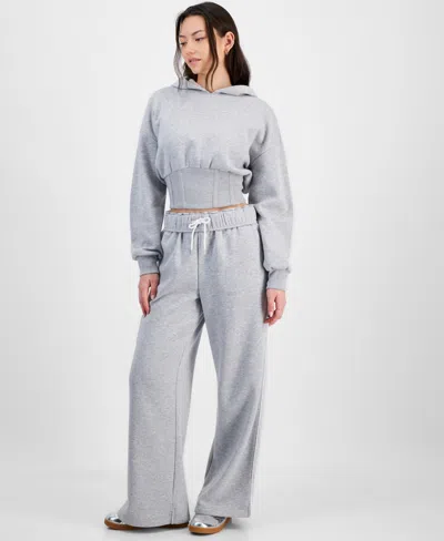 Madden Girl Juniors' Rolled-cuff Wide-leg Fleece Sweatpants In Heather Grey