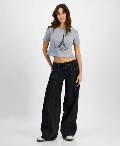 Madden Girl Juniors' Seam-front High-rise Wide-leg Jeans In Black
