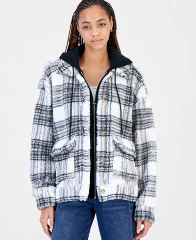 Madden Girl Juniors' Sherpa-lined Plaid Hooded Shacket In Multi