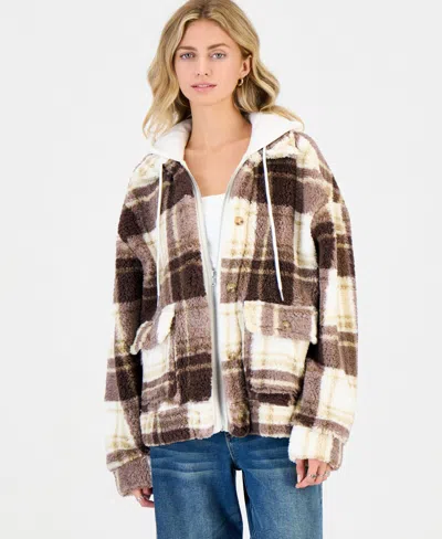 Madden Girl Juniors' Sherpa-lined Plaid Hooded Shacket In Multi