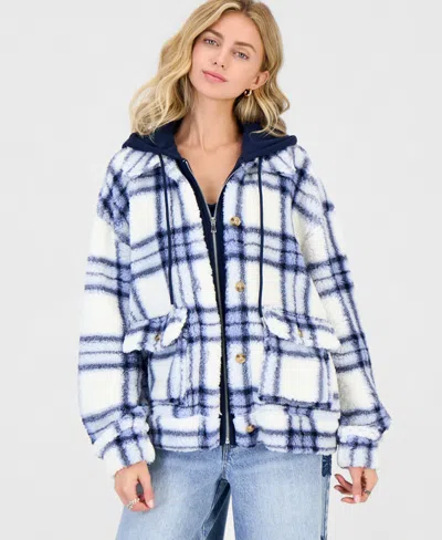 Madden Girl Juniors' Sherpa-lined Plaid Hooded Shacket In Blue