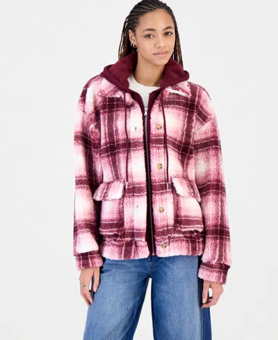 Madden Girl Juniors' Sherpa-lined Plaid Hooded Shacket In Pink