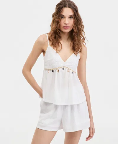 Madden Girl Juniors' Sleeveless Crochet Babydoll Top In White