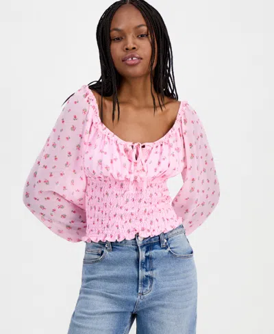 Madden Girl Juniors' Smocked Tie-neck Top In Pink