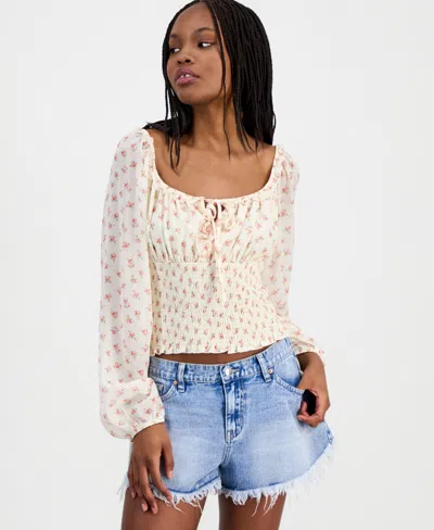 Madden Girl Juniors' Smocked Tie-neck Top In Neutral