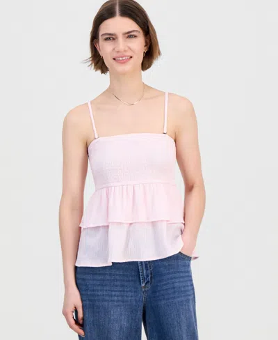 Madden Girl Juniors' Smocked Tiered Babydoll Tank Top In Pink