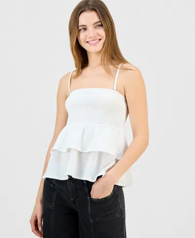 Madden Girl Juniors' Smocked Tiered Babydoll Tank Top In White