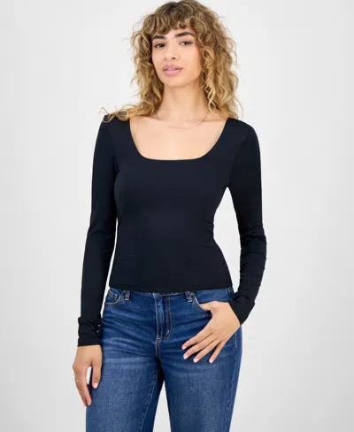 Madden Girl Juniors' Square-neck Long-sleeve Fitted Top In Blue
