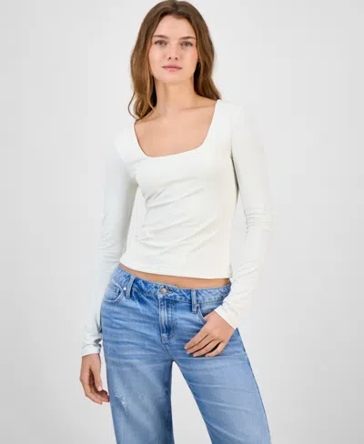 Madden Girl Juniors' Square-neck Long-sleeve Fitted Top In White
