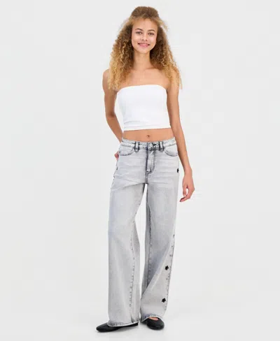Madden Girl Juniors' Star Stud Mid Rise Wide Leg Jeans In Gray