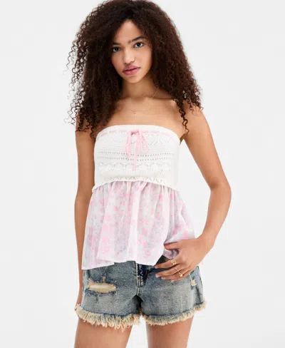 Madden Girl Juniors' Strapless Crochet Sweater Peplum Top In Pink