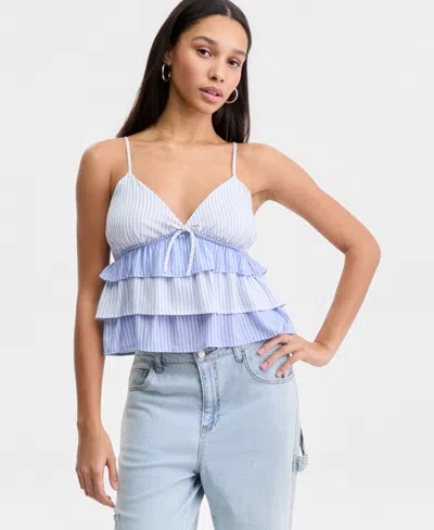 Madden Girl Juniors' Striped Ruffled Sleeveless Top In Blue