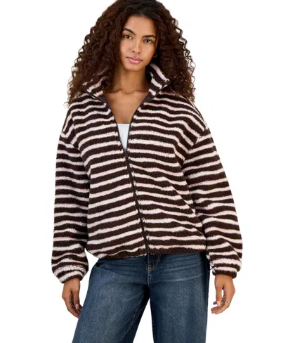 Madden Girl Juniors' Striped Sherpa Full-zip Jacket In Brown