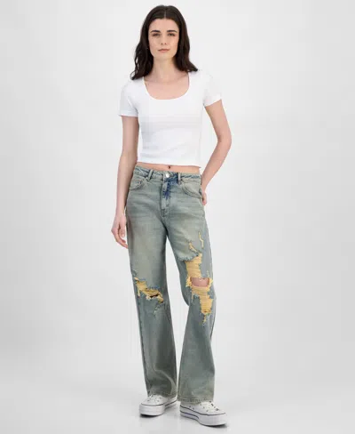 Madden Girl Juniors' Super High Rise Distressed 90s Wide Leg Jeans
