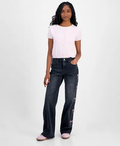 Madden Girl Juniors' Ultra 90s Bow-embroidered Jeans In Blue