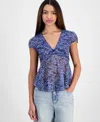 Madden Girl Juniors' V-neck Cap Sleeve Babydoll Lace Top In Navy Blazer Cmb