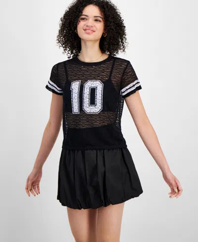 Madden Girl Juniors' Varsity Lace Short-sleeve T-shirt In Black